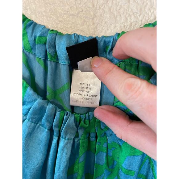 Anni Kuan Blue & Green Tropical Print High Neck Silk Tank/ Blouse Y2K Medium - Picture 4 of 9